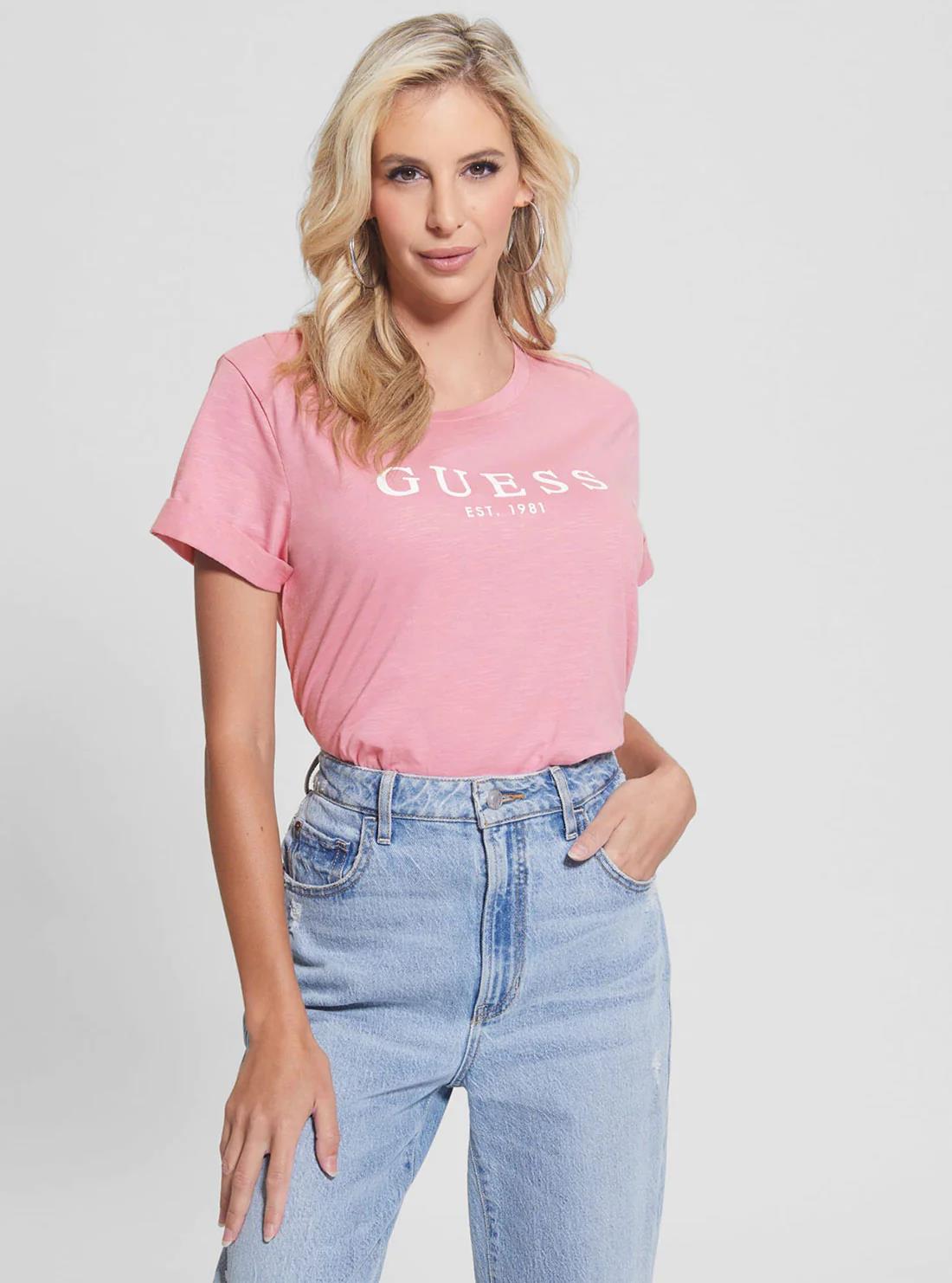 Guess Womens 1981 Roll Cuff Short Sleeve Tee Medium Pink