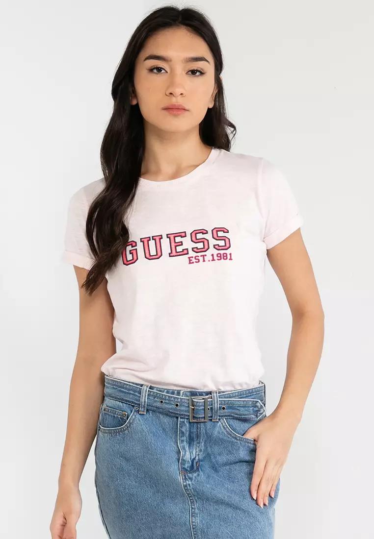 Guess Womens College Short Sleeve Tee Pink