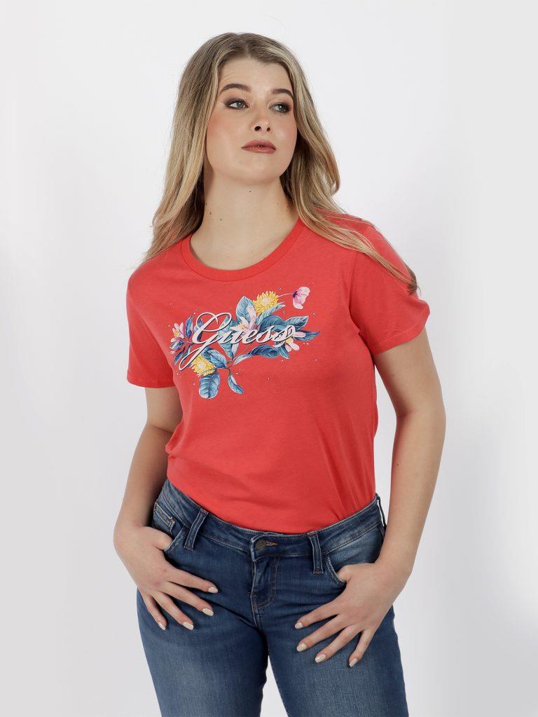 Guess Womens Tropical Script Short Sleeve Tee Coral