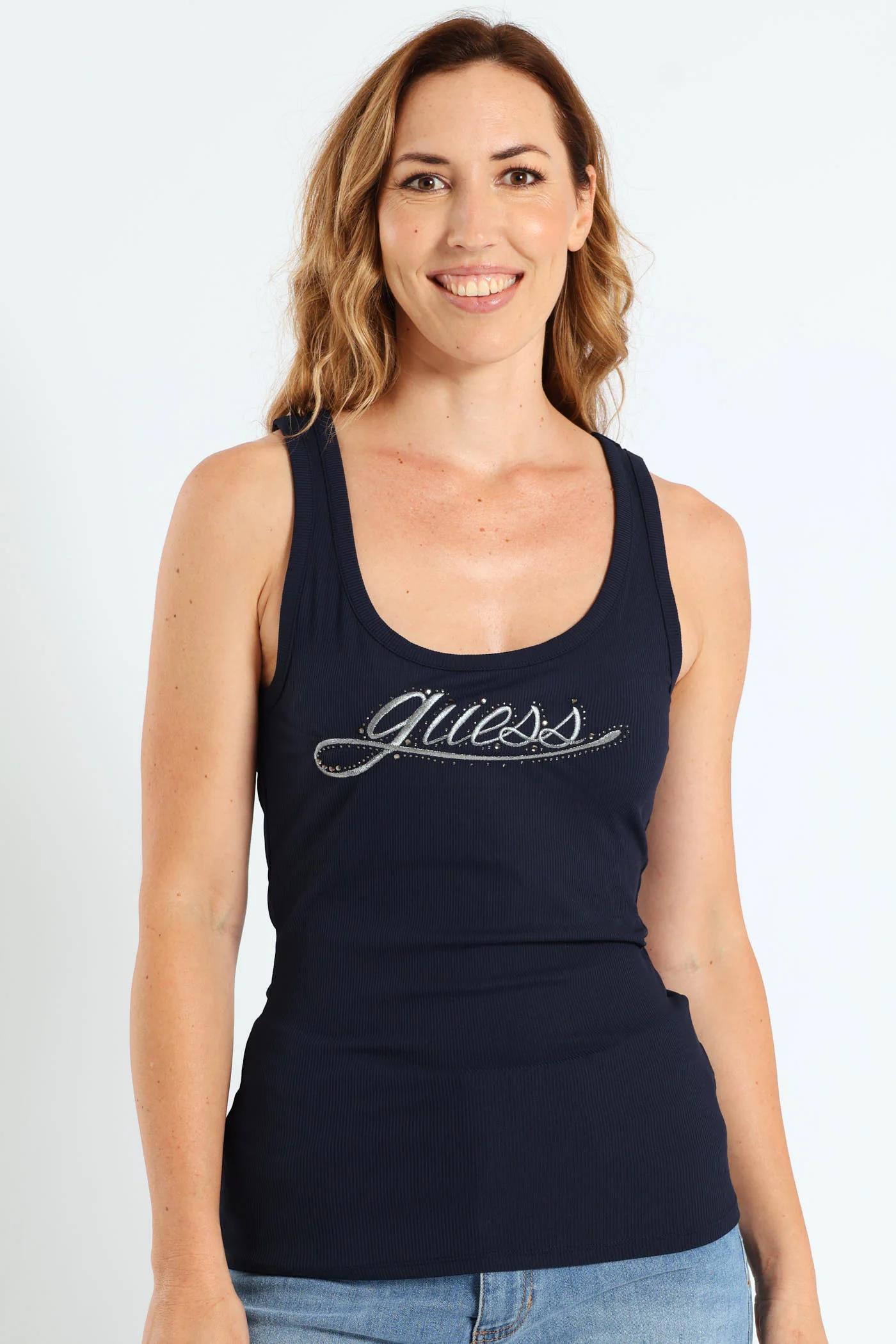 Guess Womens Logo Rib Tank Navy