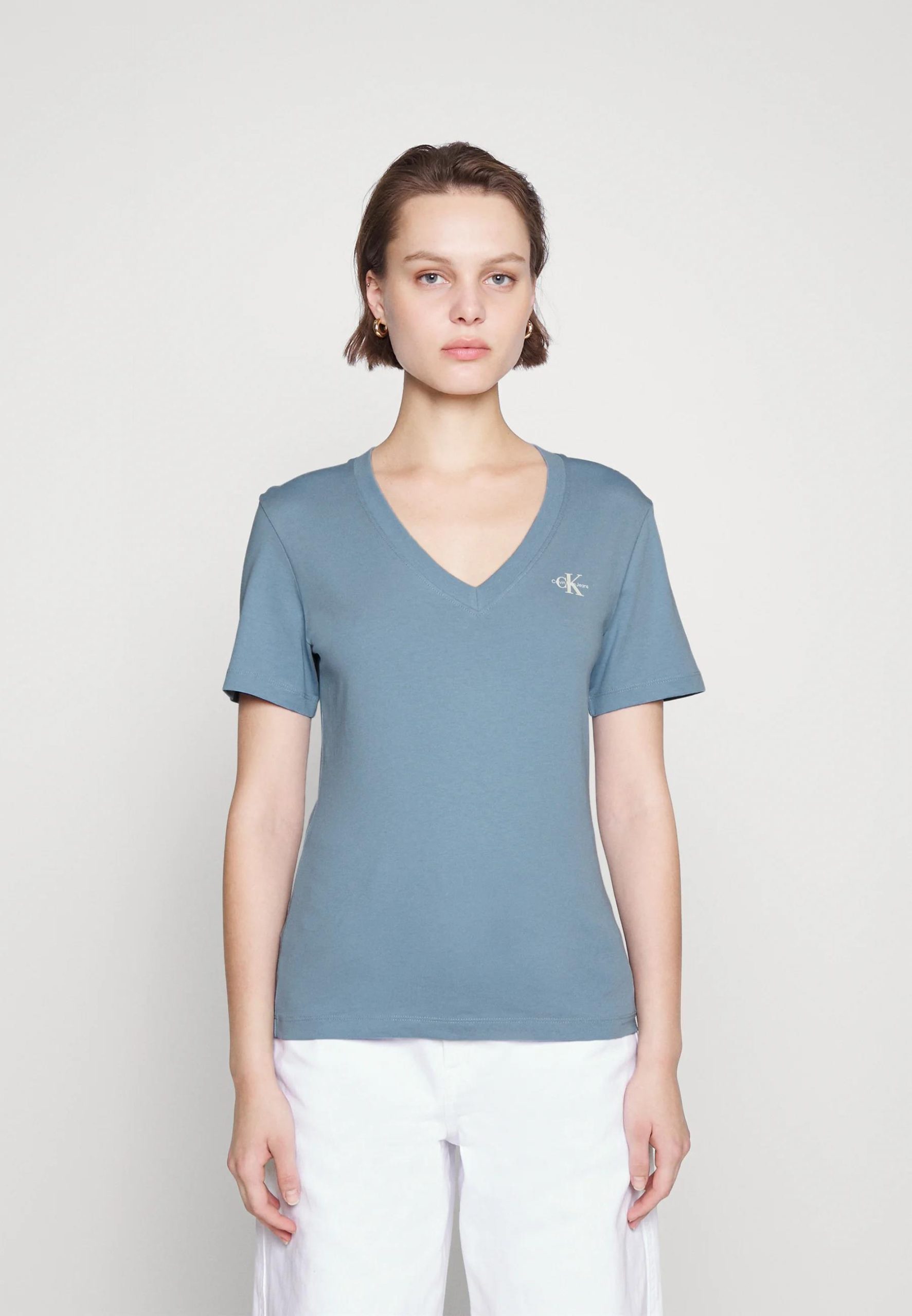 Calvin Klein Womens Micro Mono Logo Short Sleeve V Neck Tee Blue