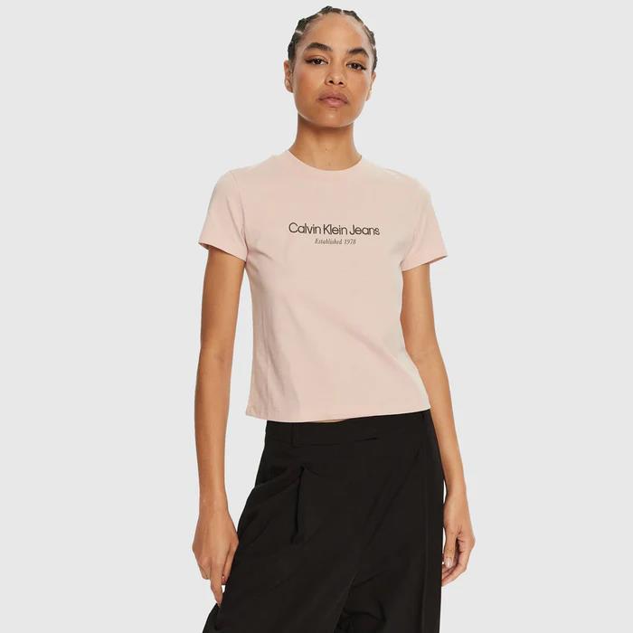Calvin Klein Womens Institutional Graphic Baby Short Sleeve Tee Peach