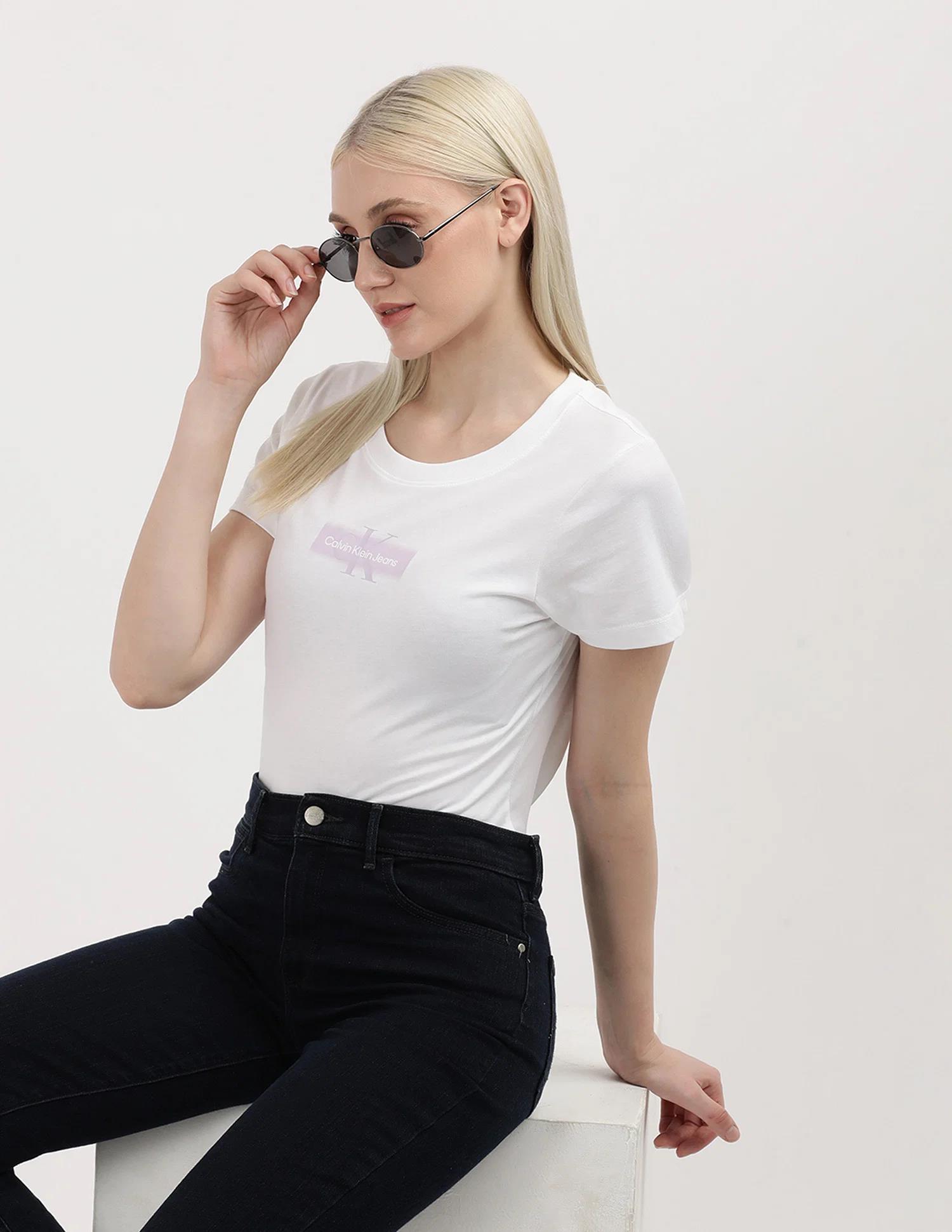 Calvin Klein Womens Faded Monologo Slim Fit Tee White