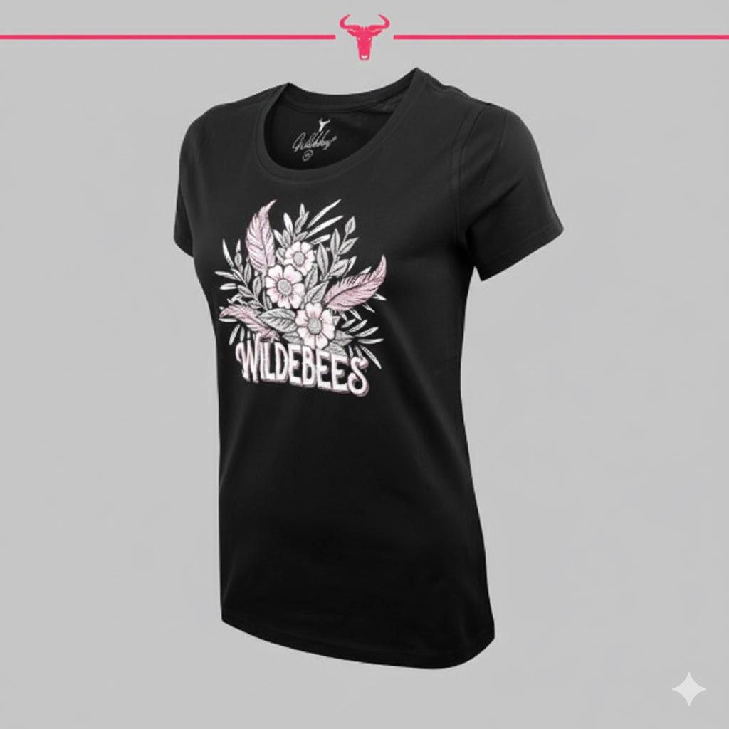 Wildebees Womens Stylized Feather Floral Short Sleeve Tee Black