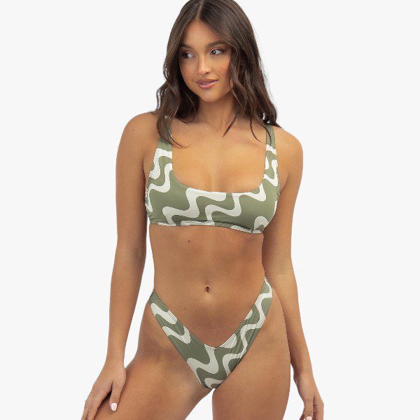 Rvca Womens Waves Scooped Bralette Bikini Set Agave