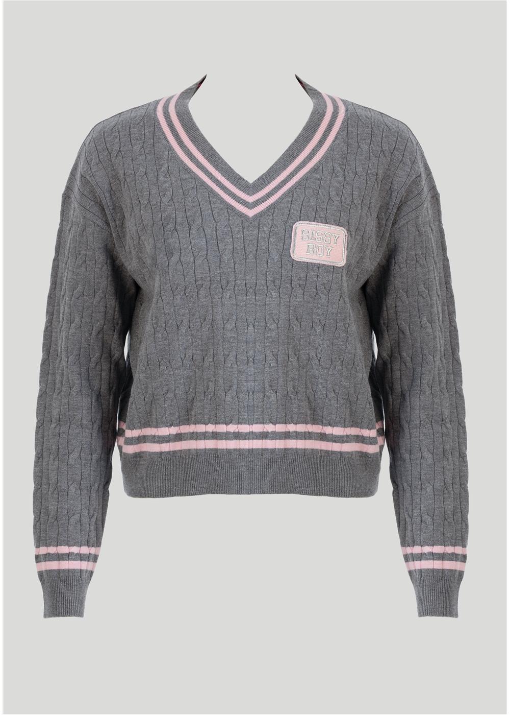 Sissy Boy Womens V Neck All In Knit Sweater Grey Mel Pink