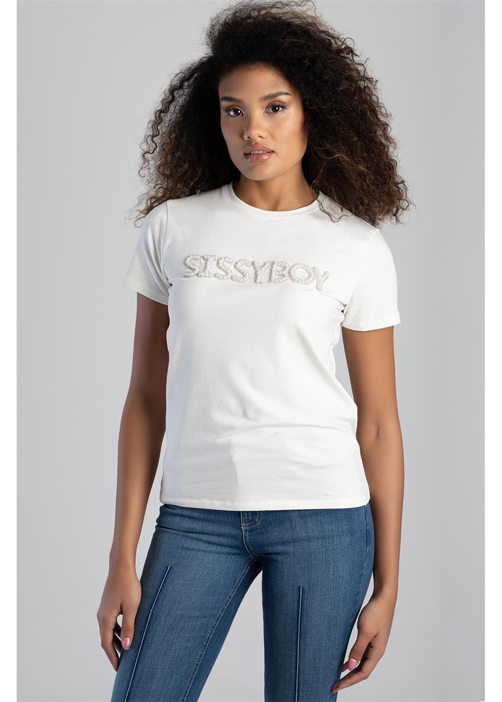 Sissy Boy Womens Pearl Abd Bling Top Off White