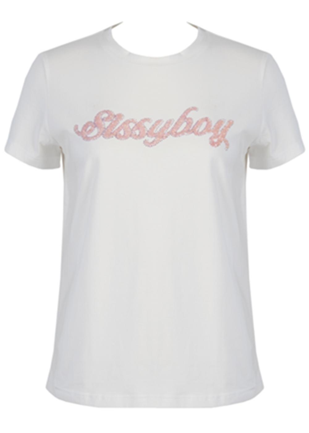 Sissy Boy Short Sleeve Tee Pink Beaded Logo White