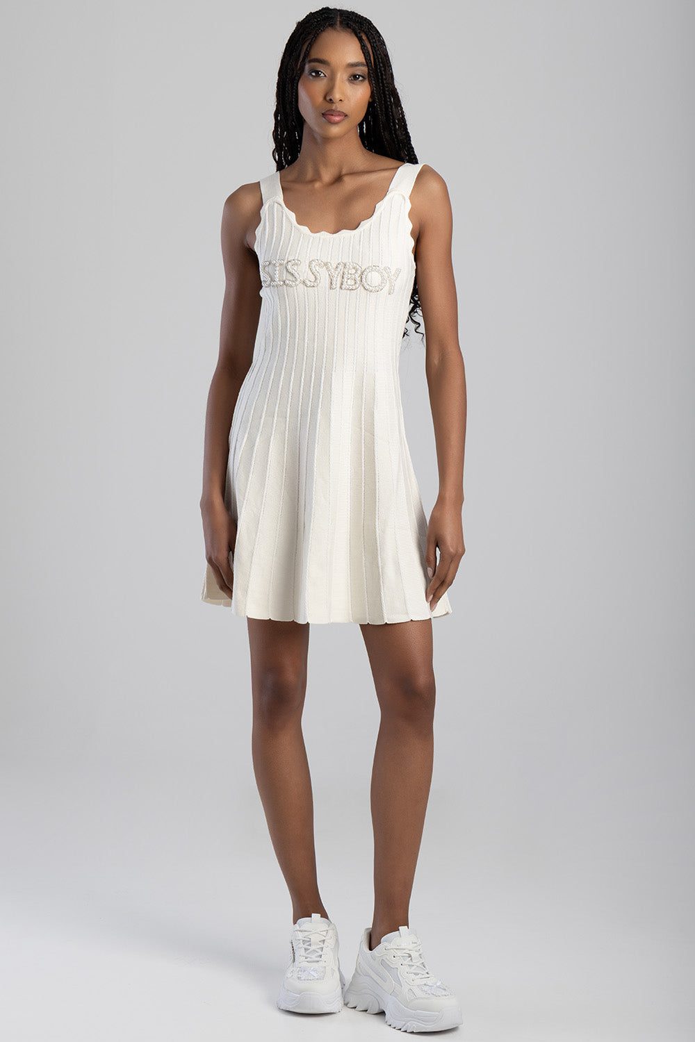 Sissy Boy Knitwear Mini Dress Flare Hem Scallop Edge Off White