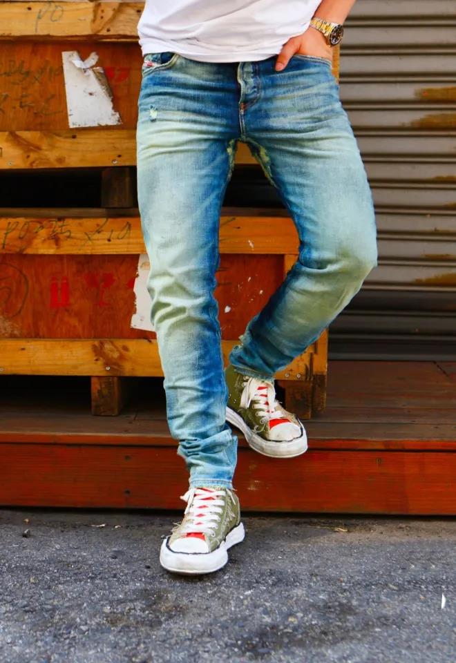 Diesel Mens D Kras Slim Leg Jeans Lt Green Blue Wash