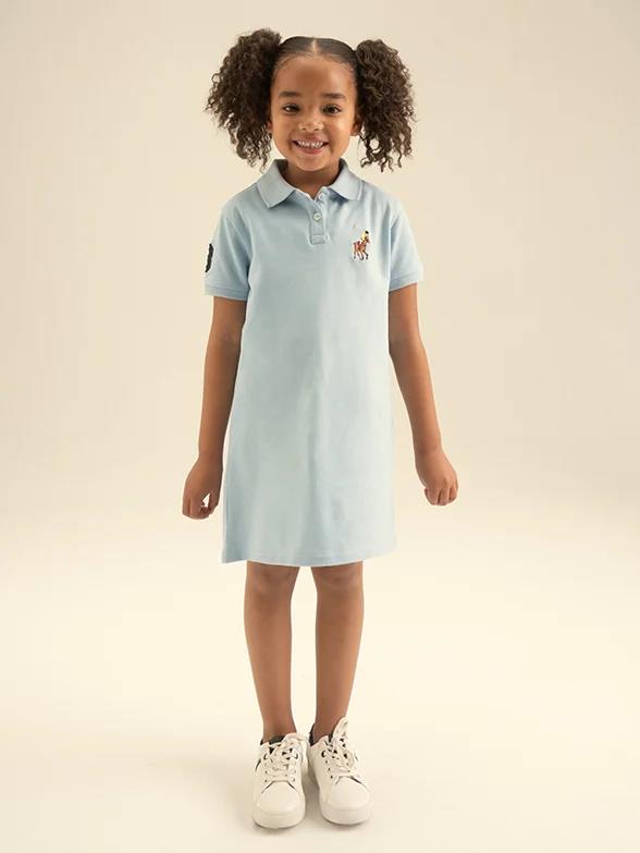 Polo Girls Numerical Short Sleeve Golfer Dress Light Blue