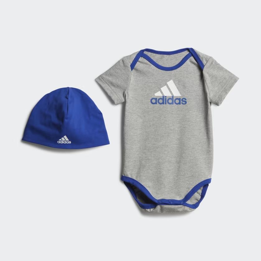 Adidas Boys Essentials Big Logo Bodysuit And Beanie 2Pc Crib Gift Set Kids Grey