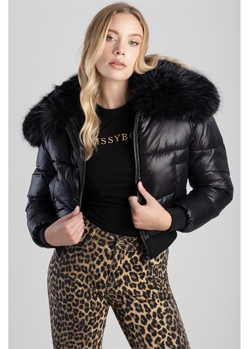 Sissy Boy Womens Puffer Jacket With Fur Collar Black