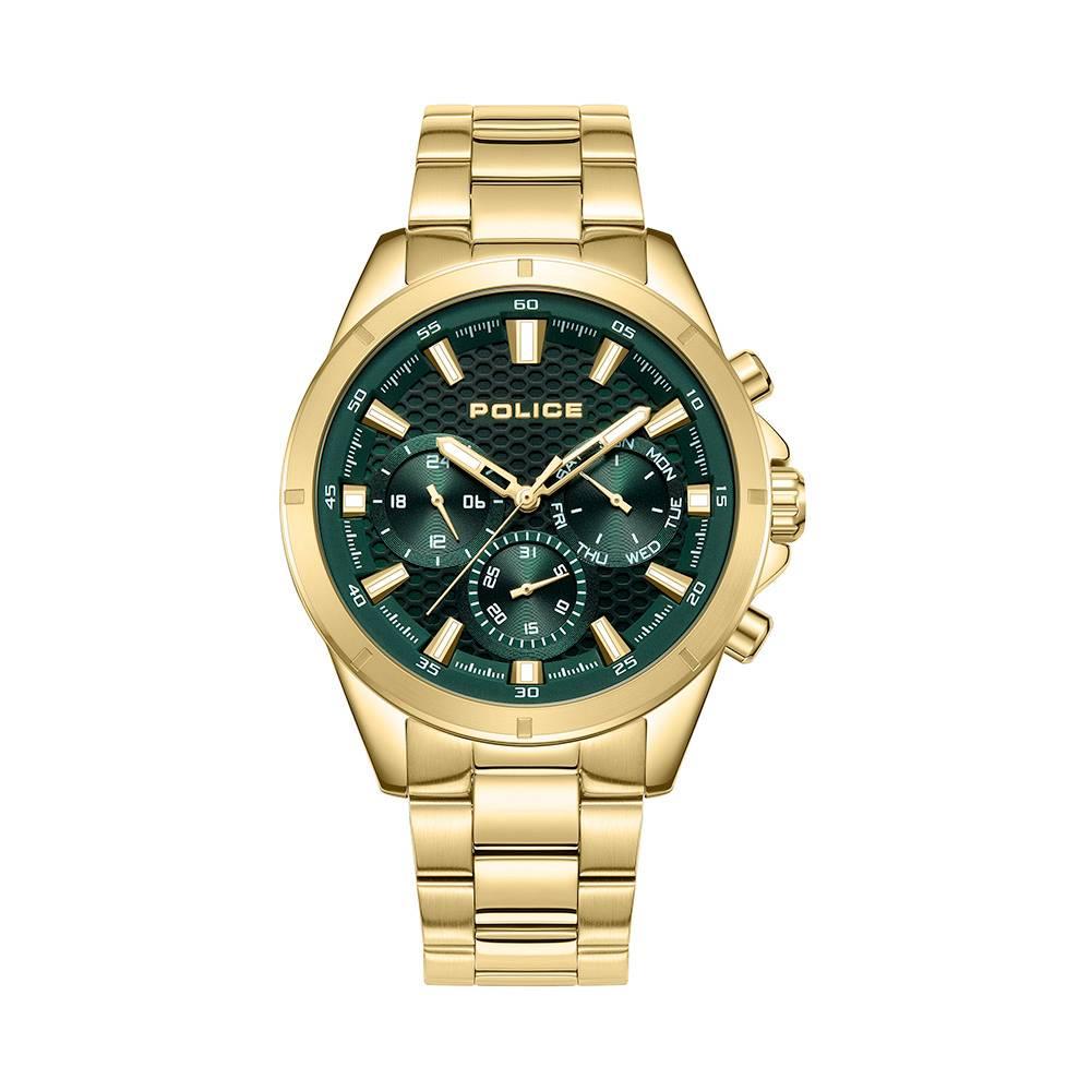 Police Mens Gold Green Dial Watch Gold Strap