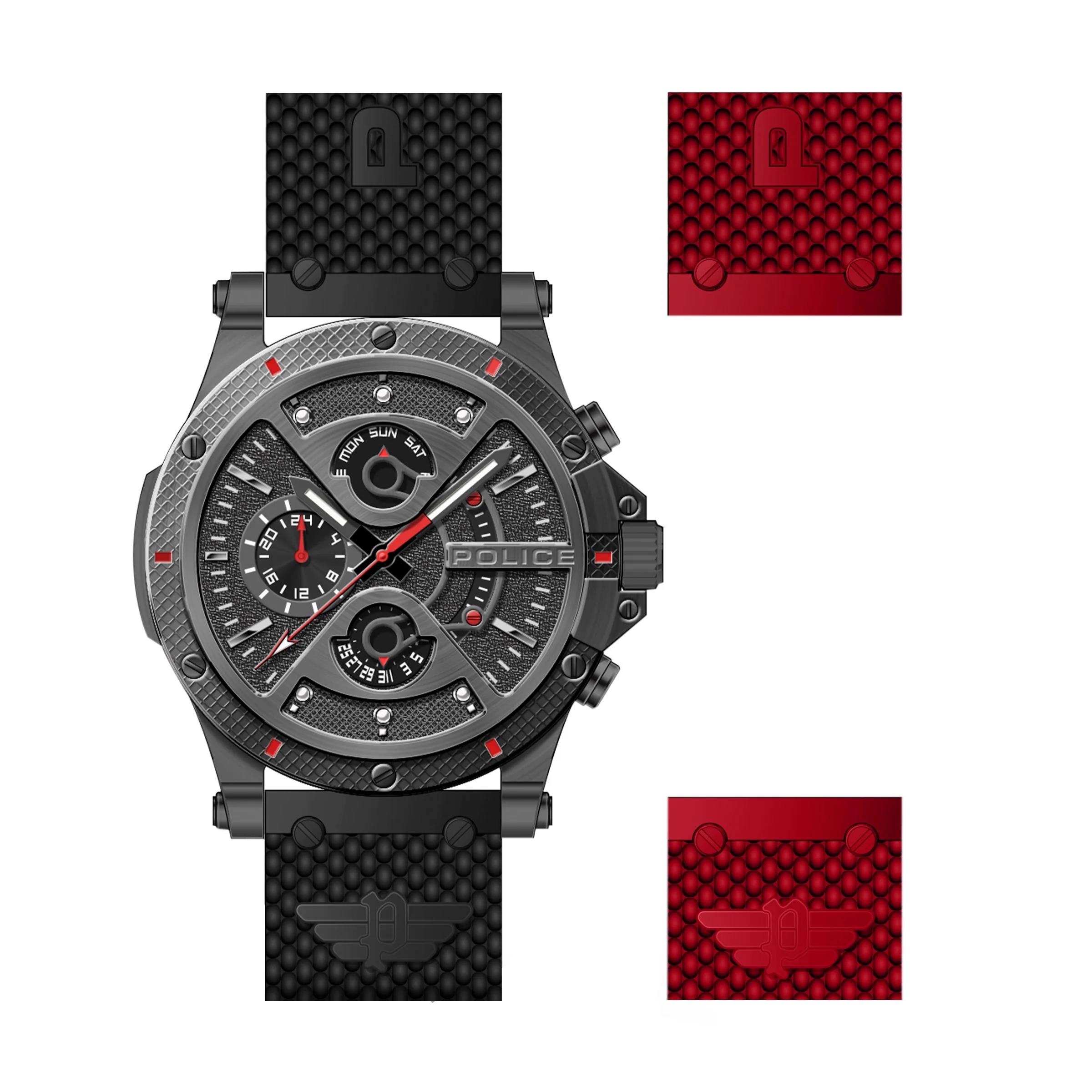 Police Mens Surigao Black Case Watch Black/ Red Rubber Strap