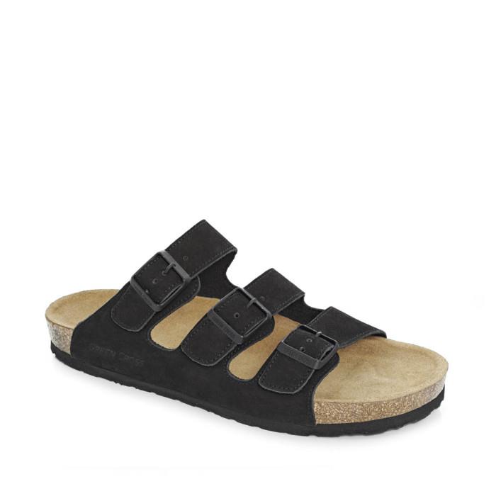 Green Cross Mens Flat 3 Strap Buckle Sandal Black