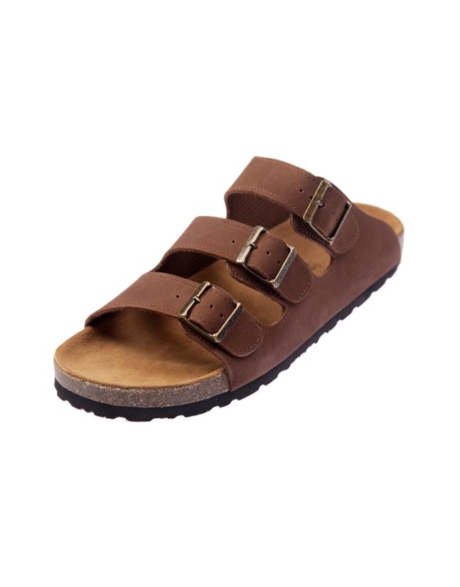 Green Cross Mens Flat 3 Strap Buckle Sandal Brown