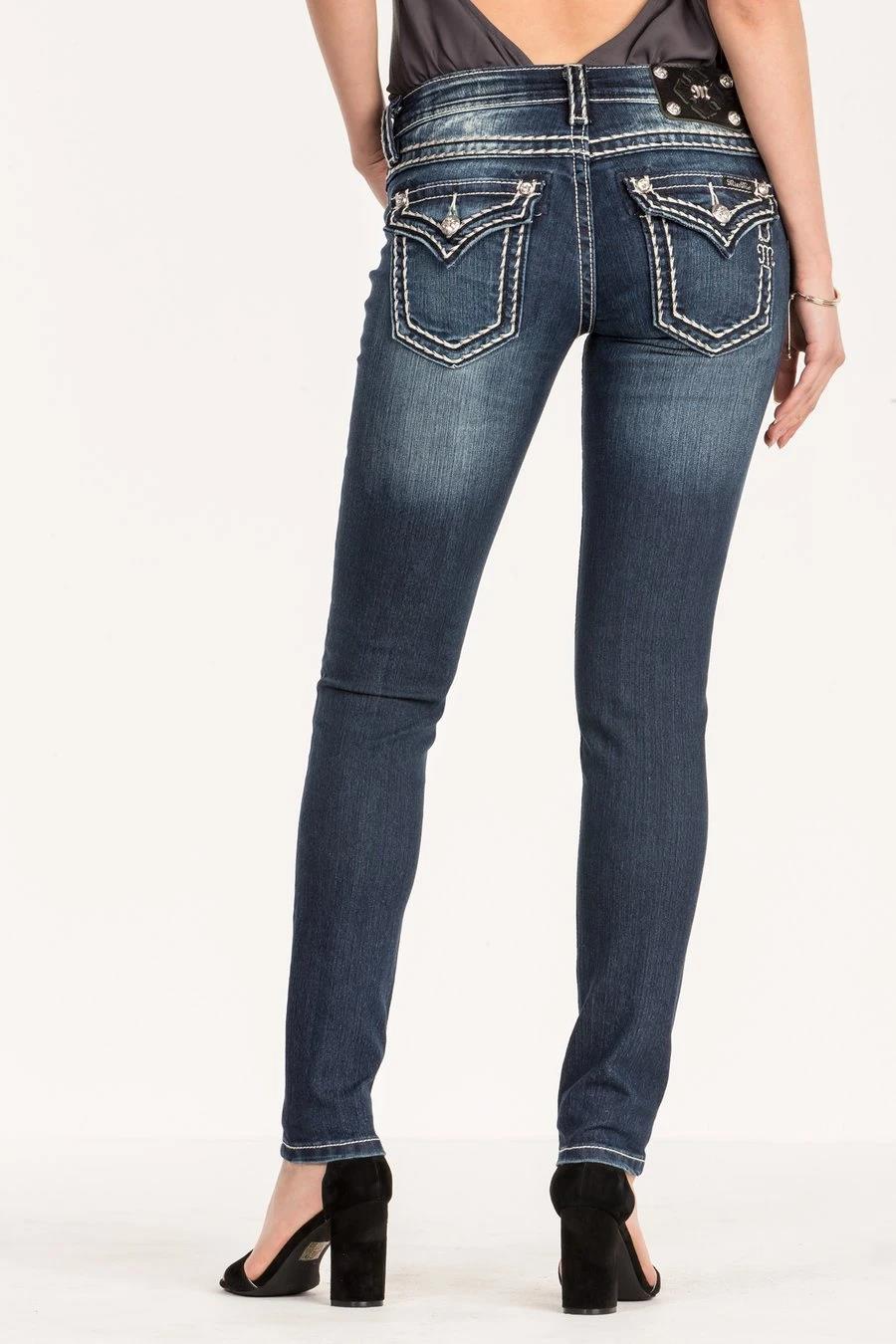 Miss Me Womens Saddle Stitch Low Rise Sikinny Jeans Dark Wash
