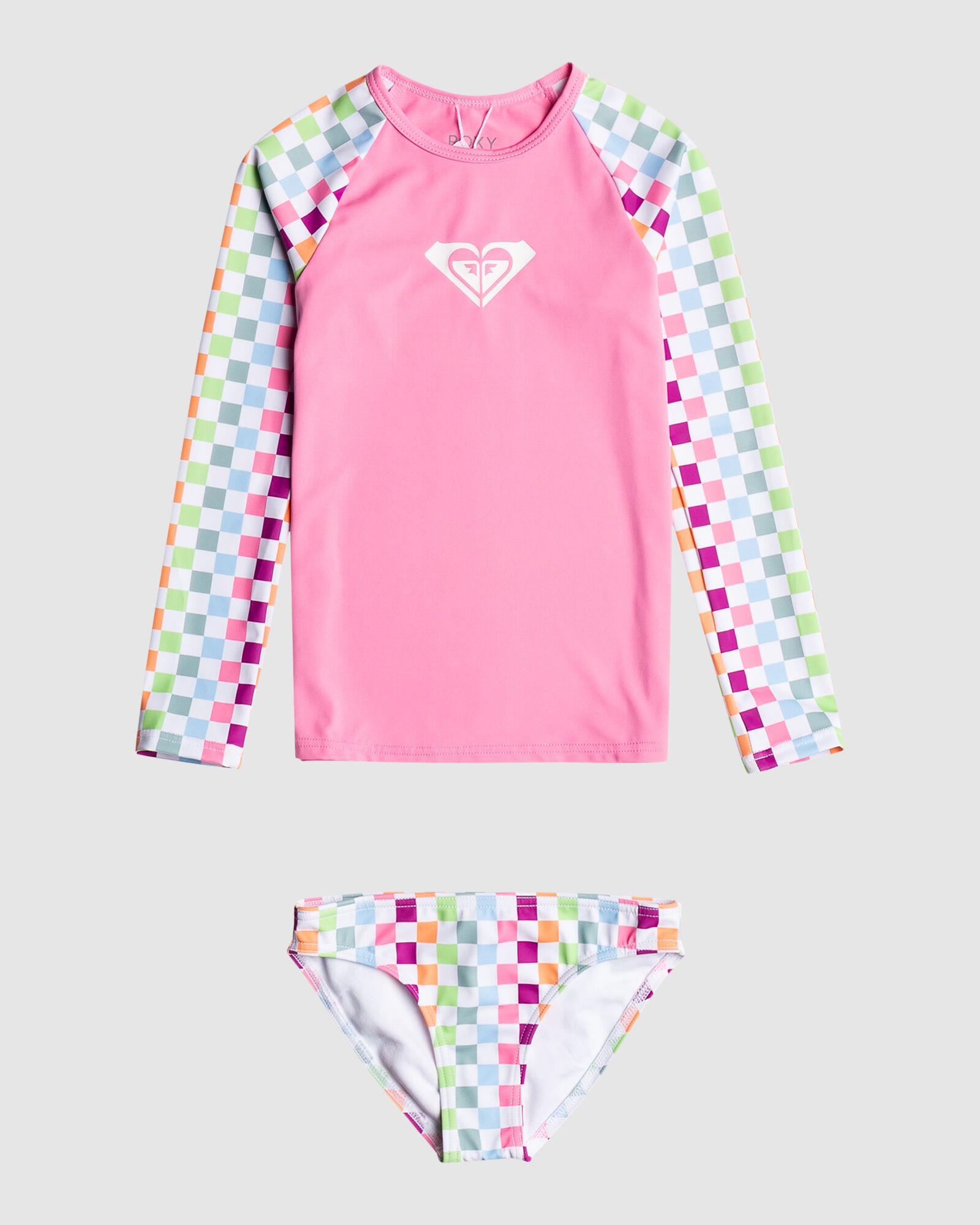 Roxy Girls Rainbow Check Long Sleeve Swim Set White Multi Rainbow
