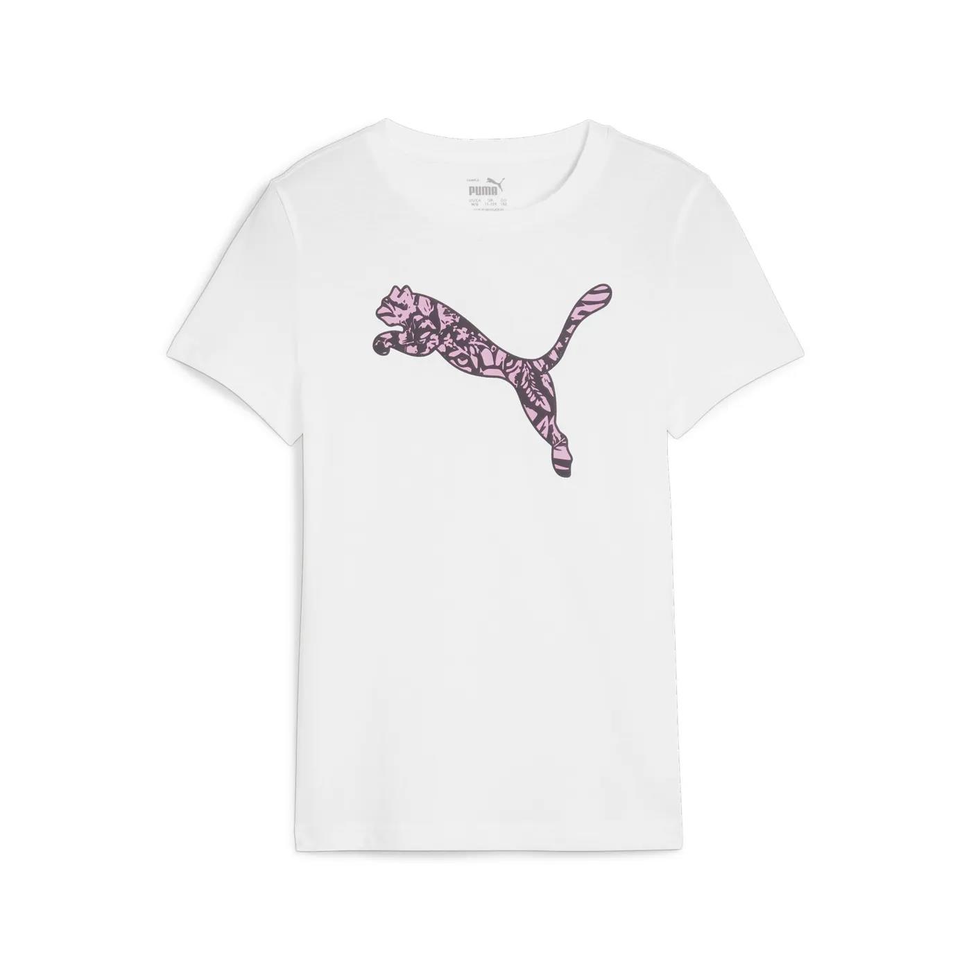 Puma Girls Ess+ Graphic Tropicat Short Sleeve Tee White