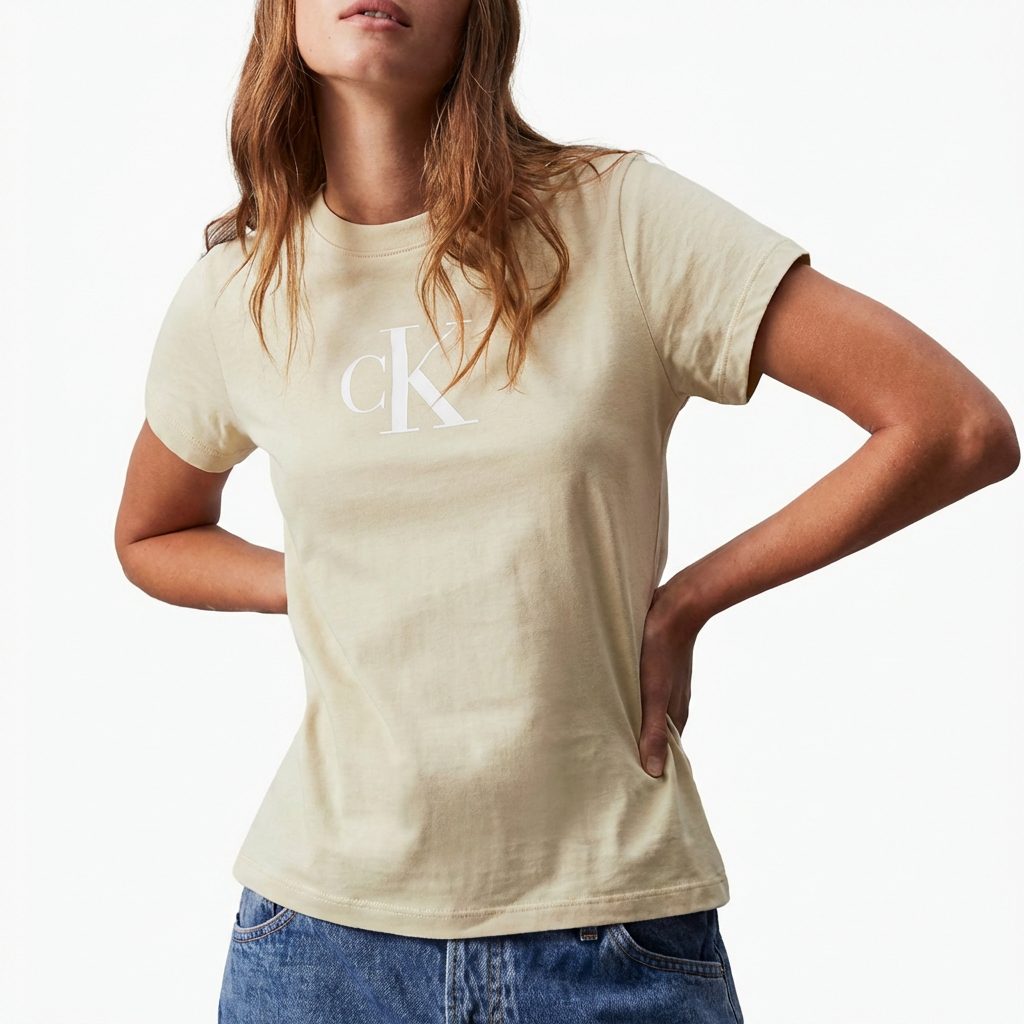 Calvin Klein Womens Satin Ck Slim Short Sleeve Tee Light Green