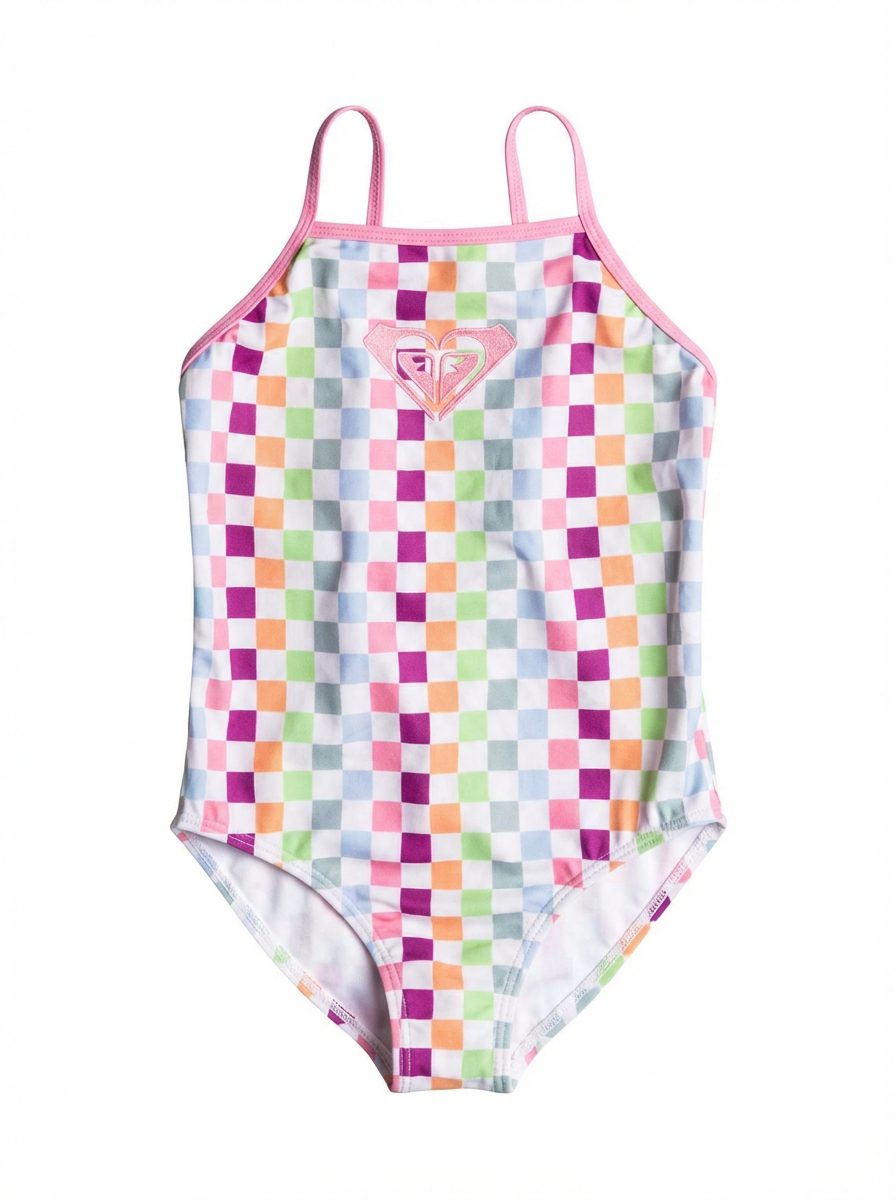 Roxy Girls Rainbow Check One Pc Swim Suit Pink