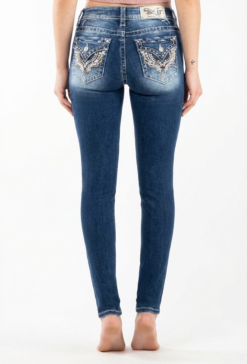 Miss Me Navajo Dreaming Mid Rise Skinny Jean Blue Wash
